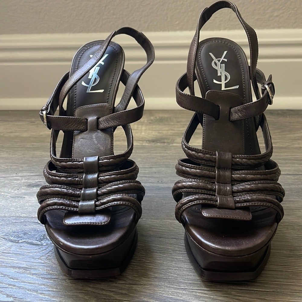 Chocolate Brown YSL Strappy Platform Heels
